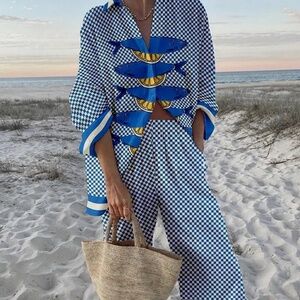 Women’s Blue & White Plaid Sardine Print Pantsuit, Long Sleeve INS Style Set